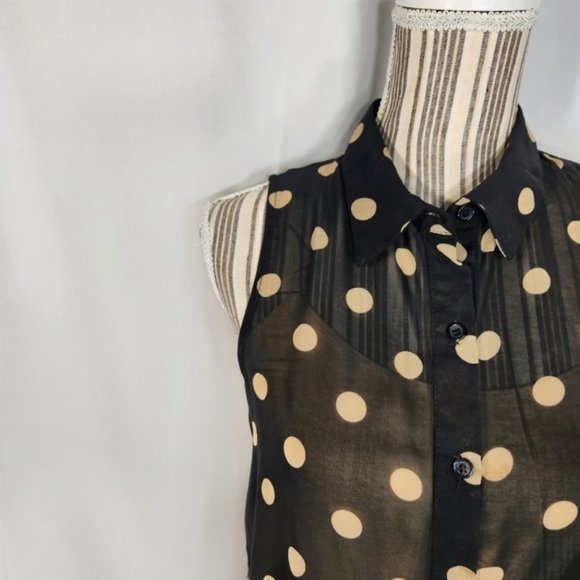 Sans Souci Black w/Tan Dots Button Down Collared Sleeveless Top Size Small - Picture 4 of 11